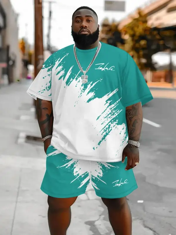 【Plus Size】 Colorblock Short Sleeve Tee & Drawstring Waist Shorts Set, Regular Fit Round Neck T-shirt & Shorts, Casual Summer Clothes for Men, Menswear 0