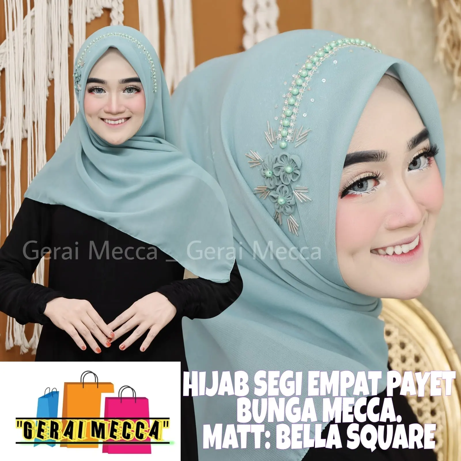 HIJAB SEGI EMPAT PAYET BUNGA MECCA// HIJAB pesta// JILBAB MEWAH