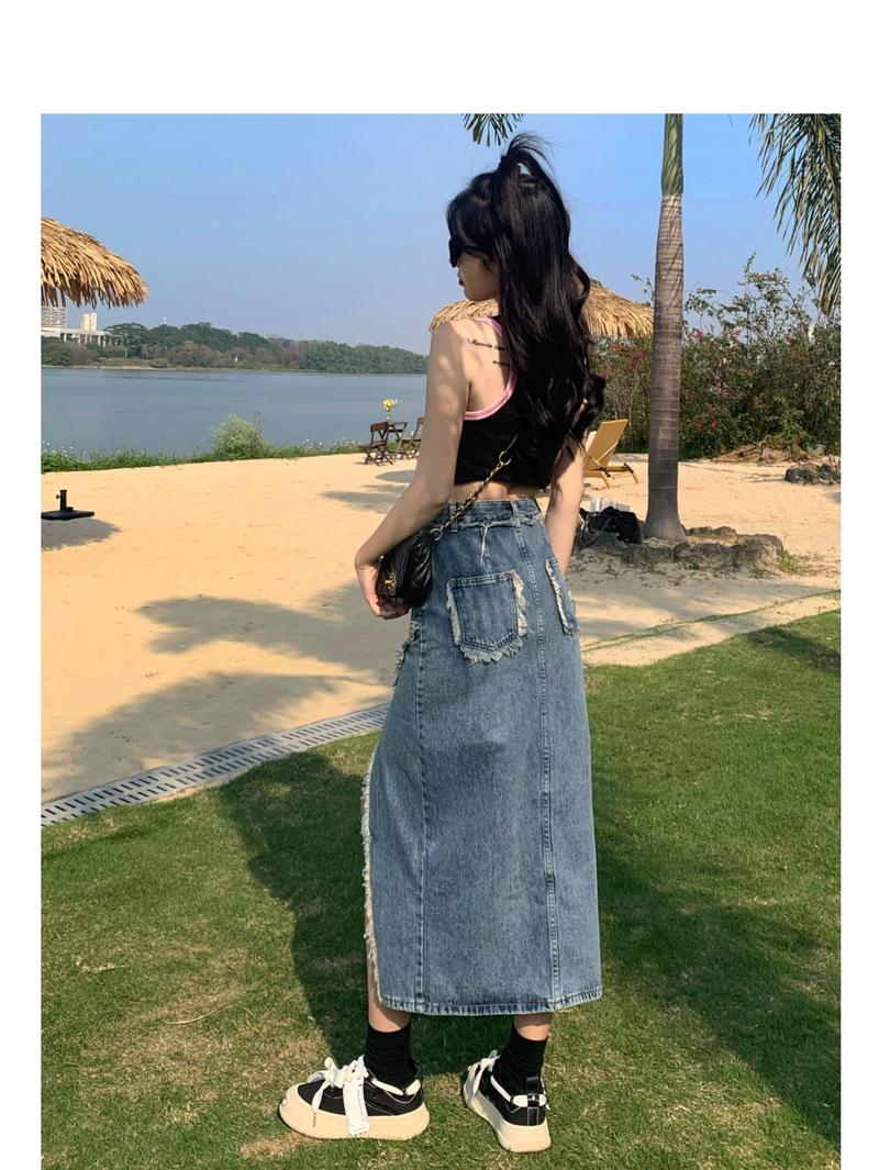 Product Introduction of Tassel denim mid-length spring and autumn 2023 new style raw edge high waist slimming fashionable all-match trendy long skirt 16