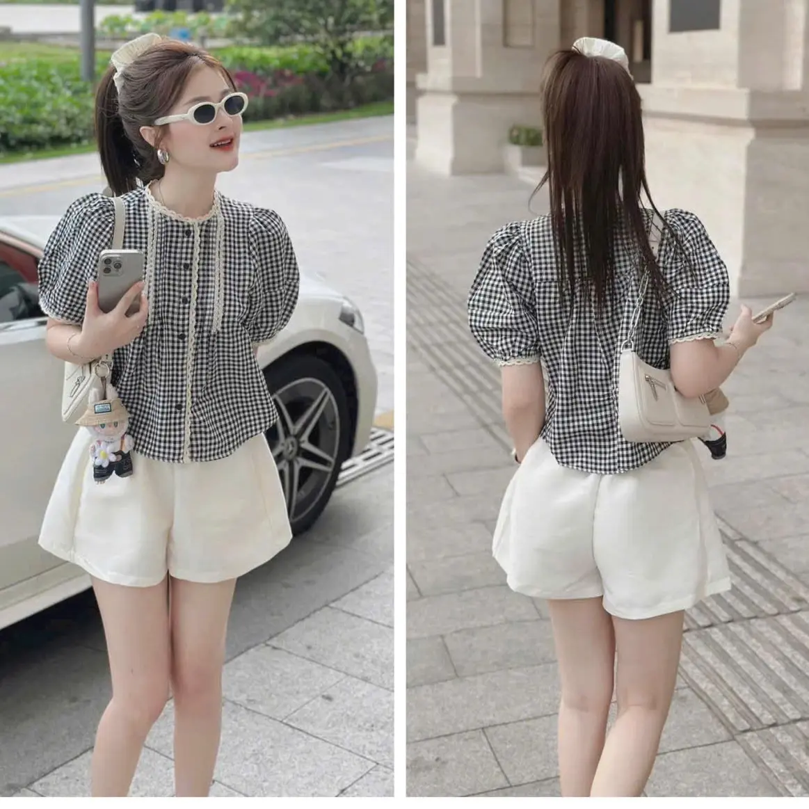 sét bộ đùi nữ áo caro ngắn tay kèm quần đùi phù hợp khi đi chơi Women Top Jacket Kem Kaki Pants dưới 55kg mặc vừa