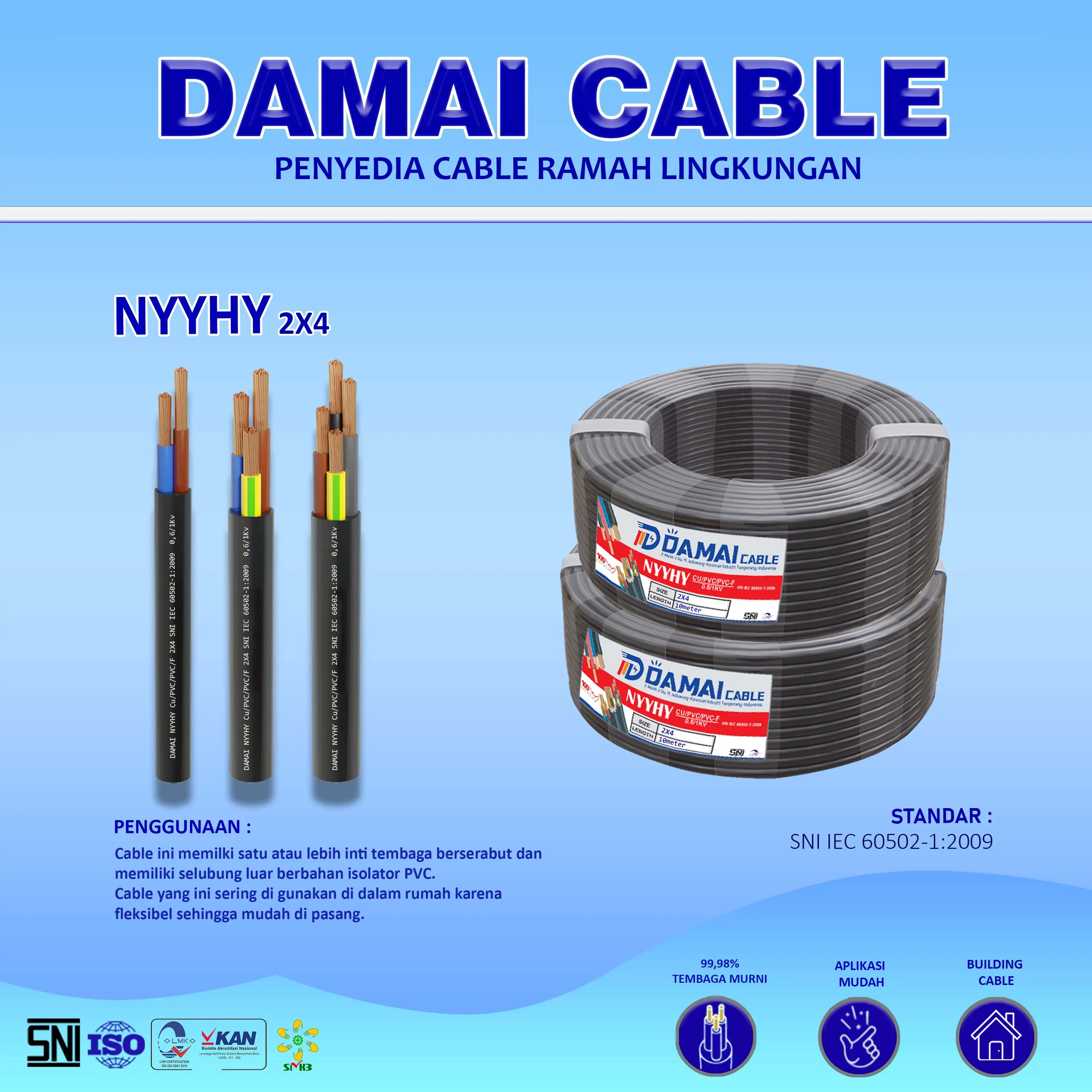 NYYHY 2x4 mm2 10 - 100 meter - Kabel Tembaga Serabut Damai Cable