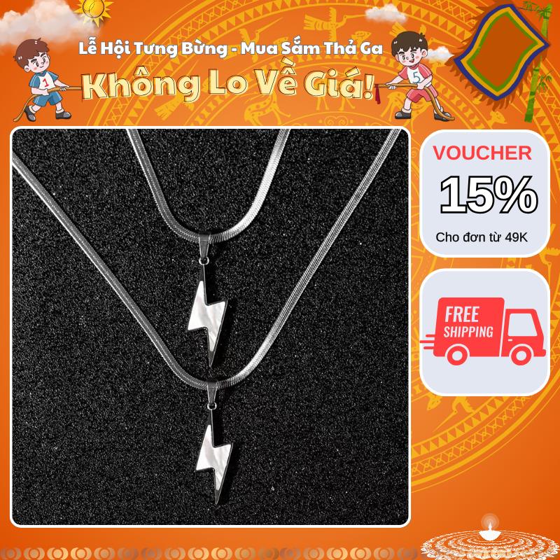 Vòng cổ nam nữ bản dẹt Flashy Kuu Clothes màu bạc titan basic mặt dây chuyền hình tia chớp dễ phối đồ - Vòng Cổ Flashy