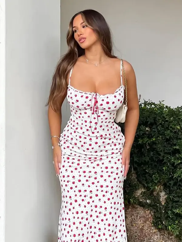 Women's Ditsy Floral Print Contrast Lace Tie Front Bodycon Cami Dress, Boho Spaghetti Strap Backless Long Dress for Summer Beach Holiday Party Club, Summer Dresses 2024, Summer Outfits 2024, Ladies Summer Clothes 8