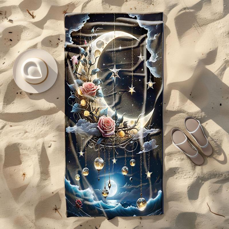 Product Introduction of Moon & Stars Pattern Beach Towel, Soft Absorbent Towel for Beach Swimming, Outdoor Travel, Summer Entertainment, Travel Beach Vacation Towel 5