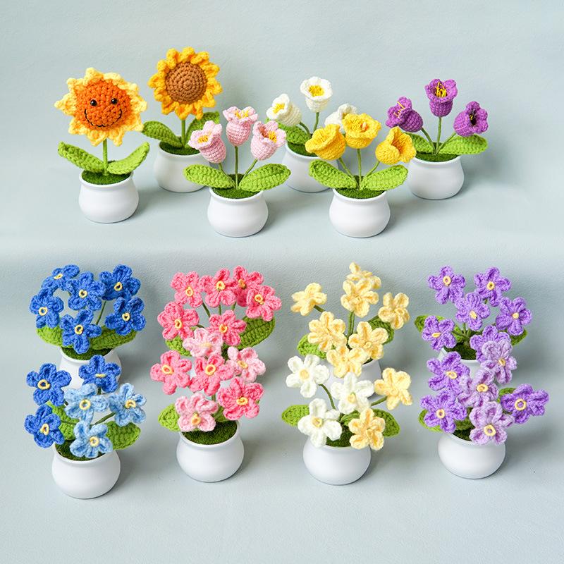 Finished handmade woven lily of the valley potted home decoration, knitted simulated flower yarn, crochet bouquet, fake flower gift 1