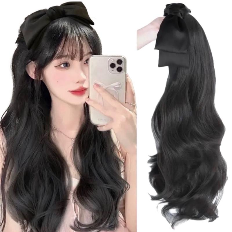 Tóc giả cài băng đô, cài bờm Nơ đen tóc xoăn, thẳng, xù dài 55-60cm, chất liệu sợi tơ mềm mượt