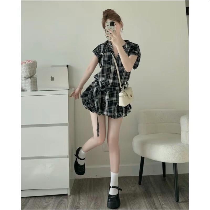 Set Áo váy kẻ tay cộc buộc nơ kèm quần bảo hộ - Hân Linh shop