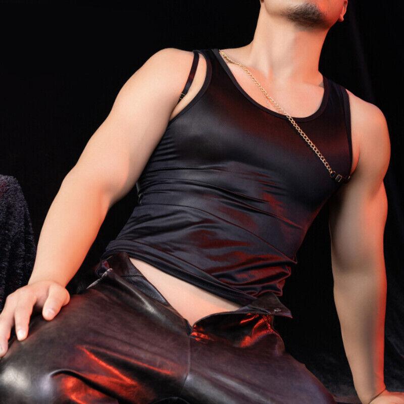 Men Tight Metal Chain Tank Top Silky Fitness Slim Top See Through Workout Vest 5