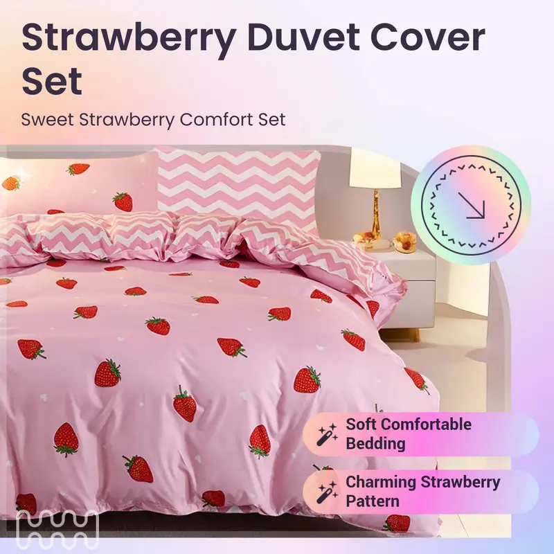 Strawberry & Chevron Pattern Duvet Cover Set, 2/3 Counts/set Including 1 Duvet Cover & 1/2 Pillowcase without Filler, Soft Comfortable Bedding Set for Home Bedroom, Bedsheet Sets 1