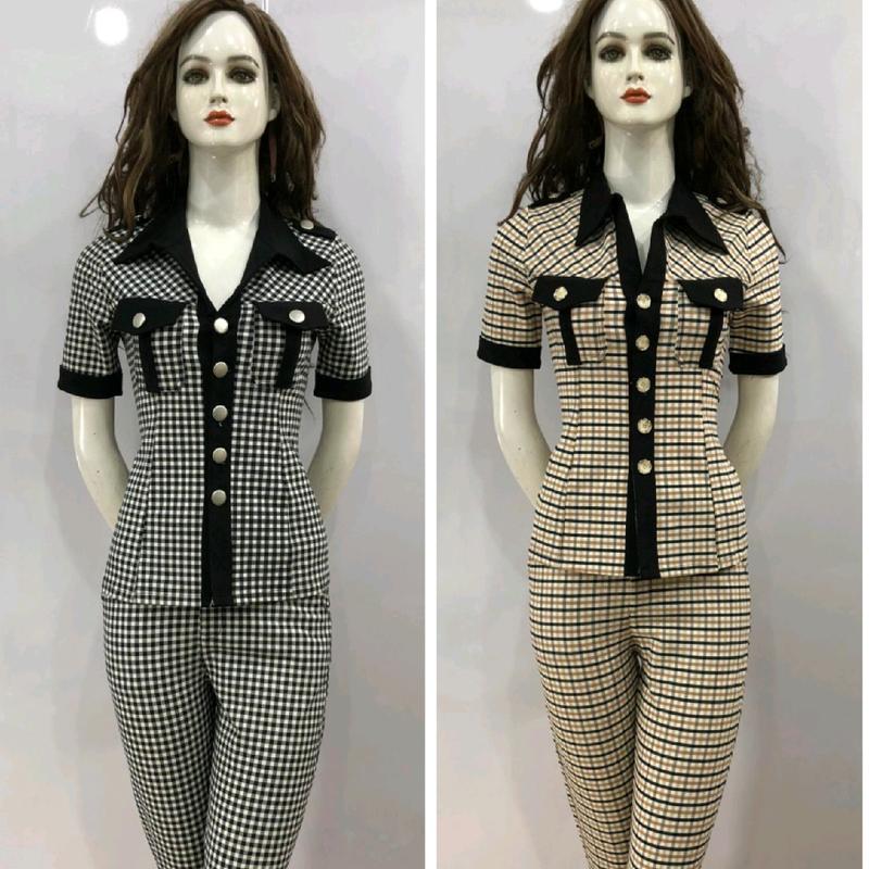 Sét Bộ Cao Cấp Sọc Caro Áo Cổ Sơ Mi Có Nắp Túi Quần Phom Ống Ôm Và Ống Loe Dành Cho Nữ Thun Top Ong Women Kaki