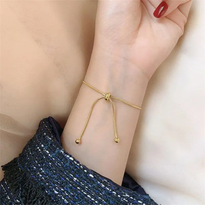 Color Preserving And Non Fading Titanium Steel Bracelet For Women, Adjustable Pull-Out, Simple And Versatile, Thin Snake Bone Chain, Forest Gold Color, Washable,Snake Bone Chain Bracelet In Simple And Versatile Style,Adjustable And Stylish Bracelet