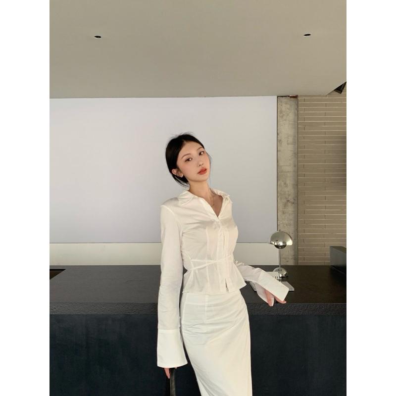 Set Áo Tay Dài Đan Chéo Eo Phối Chân Váy Dài TIBU Set Đồ Nữ Sang Chảnh Đơn Giản Đi Chơi Dạo Phố Tôn Dáng S41 Women Top Voi 5