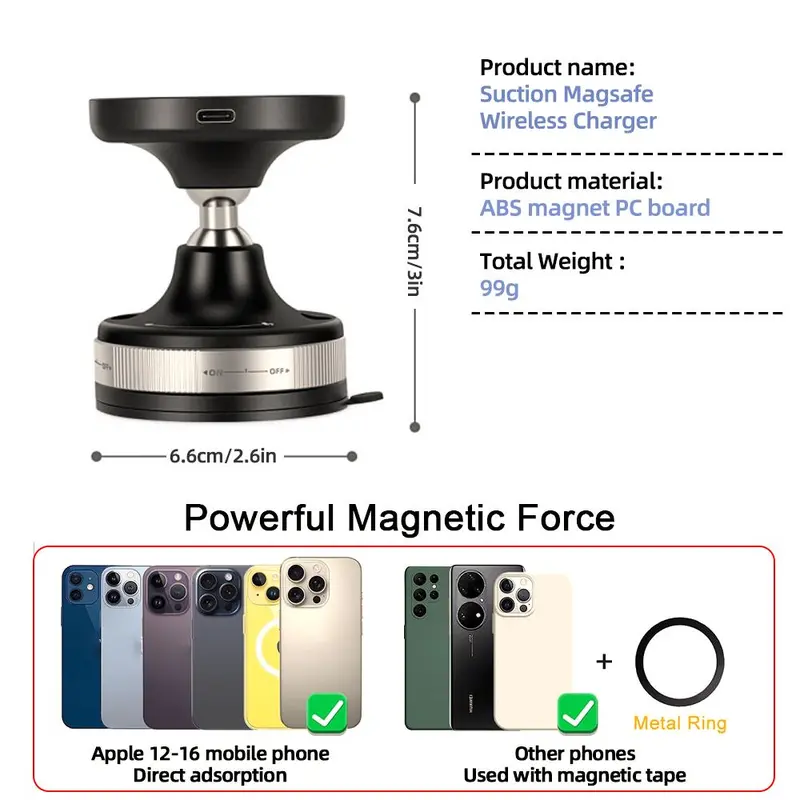 360° Vacuum Magnetic Phone Holder, 2 in 1 Wireless Charger Vacuum Adsorption Magnetic Phone Holder, Kitchen Bathroom Fixed Wall Mobile Phone Holder 1
