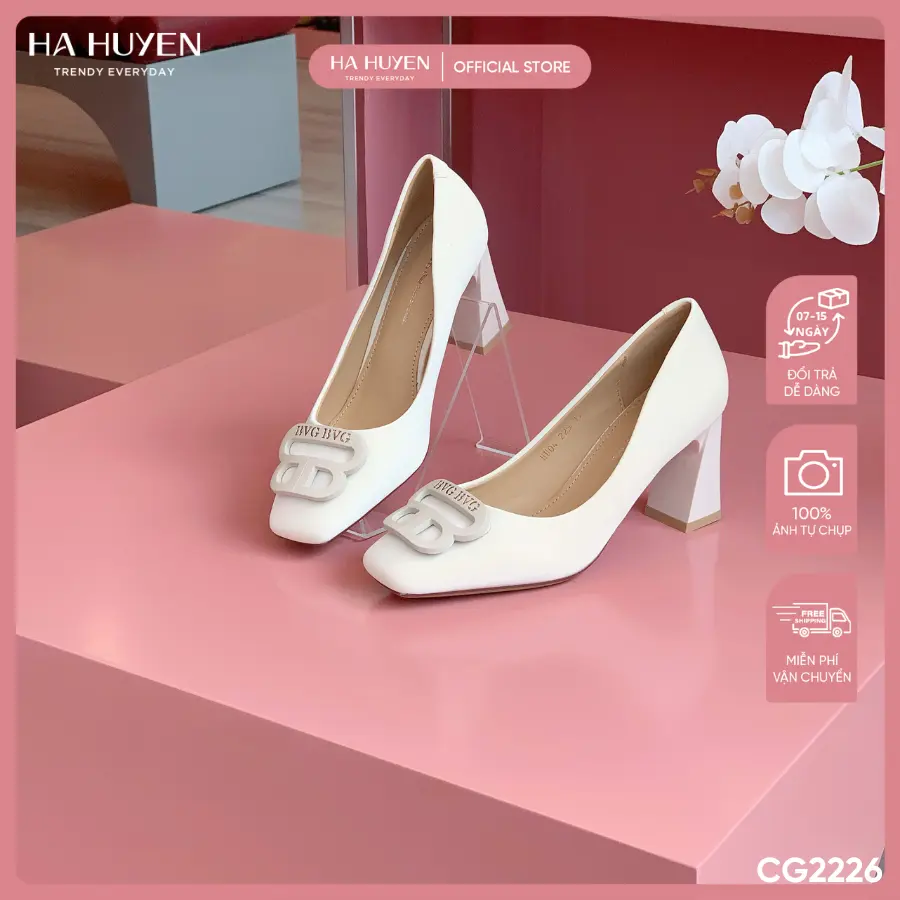 Giày cao gót nữ HÀ HUYỀN  khoá B kép nhựa in gót vuông 8cm - CG2226