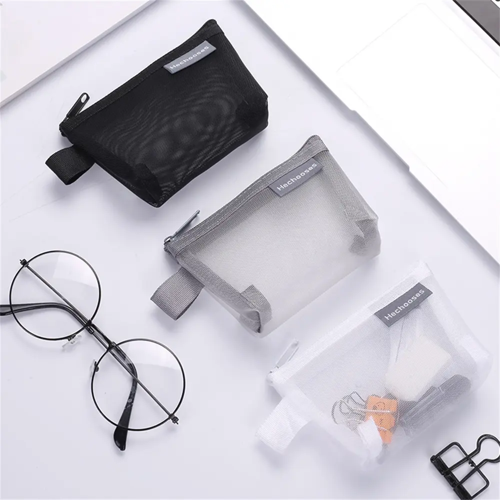 Transparent Mesh Storage Bag Office Storage Organizer Cosmetic Jewelry Earphone Cords Bank Cards Holder Travel Nylon Zipper Pock