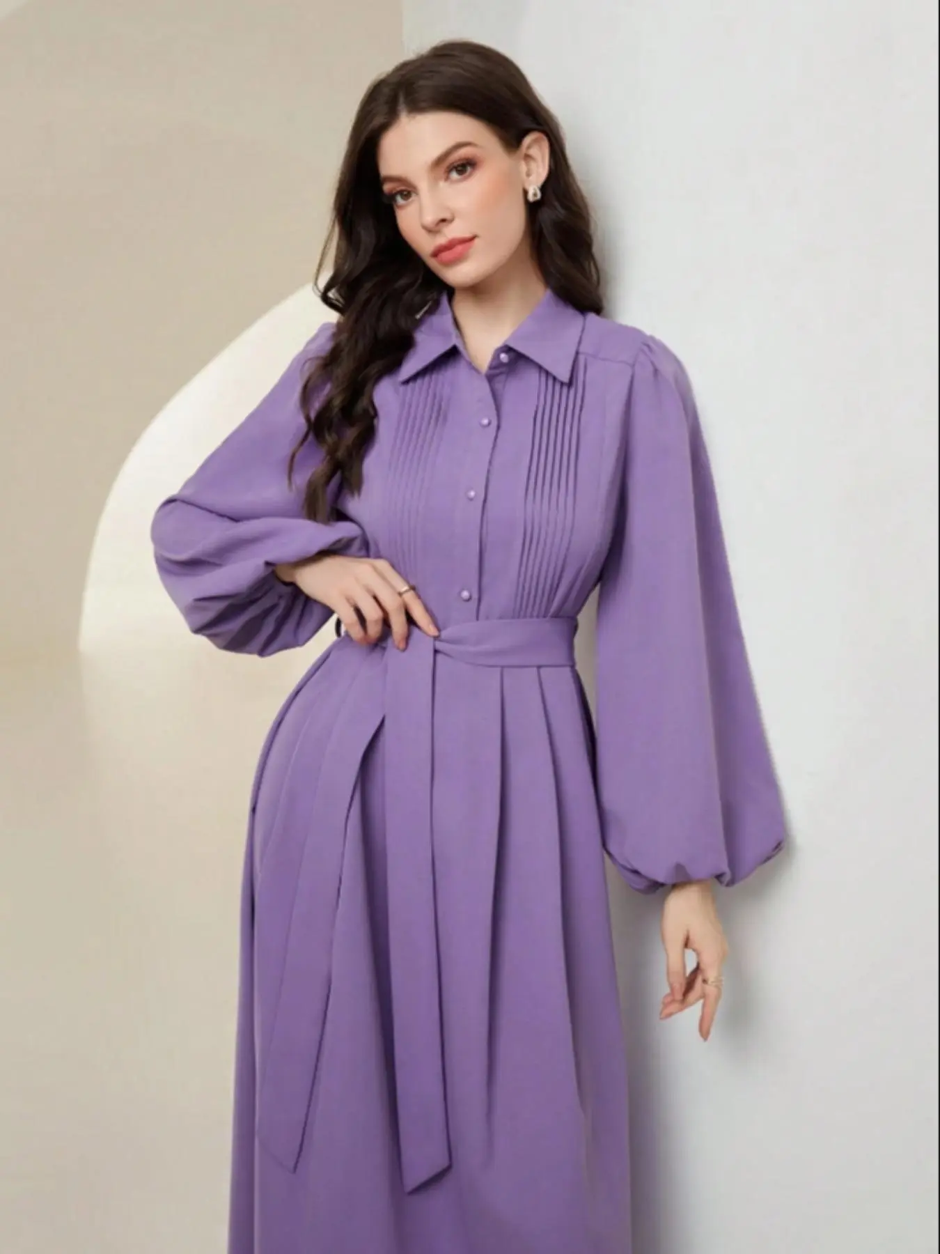Women's Plain Belted Pleated Shirt Dress, Elegant Bishop Sleeve Collared Dress for Spring & Fall, Women's Clothing for Daily Wear