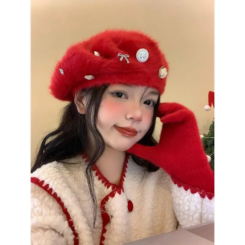 Mũ Nồi Lông Thỏ, Dành Cho Nữ, Mùa Đông, Màu Đỏ, Thích Hợp Cho Giáng Sinh Và Năm Mới, Mũ Họa Sĩ, Phong Cách Hàn Quốc, Thích Hợp Cho Khuôn Mặt Nhỏ Mũ Nhồi Bông Ấm Áp Hoa Hat Nón 1