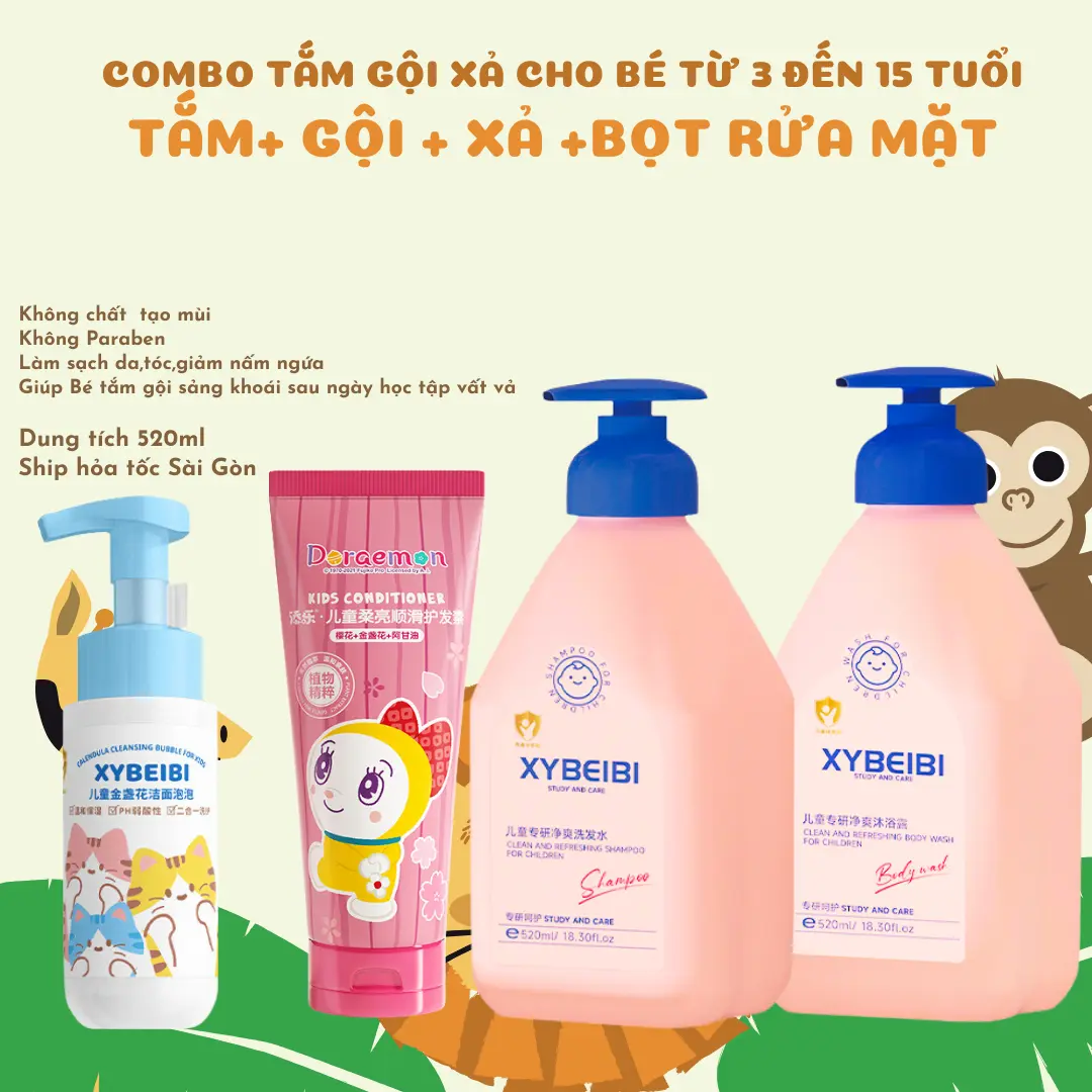 Combo tắm gội xả và bọt rửa mặt thuần chay cho bé trai gái từ 3 đến 15 tuổi