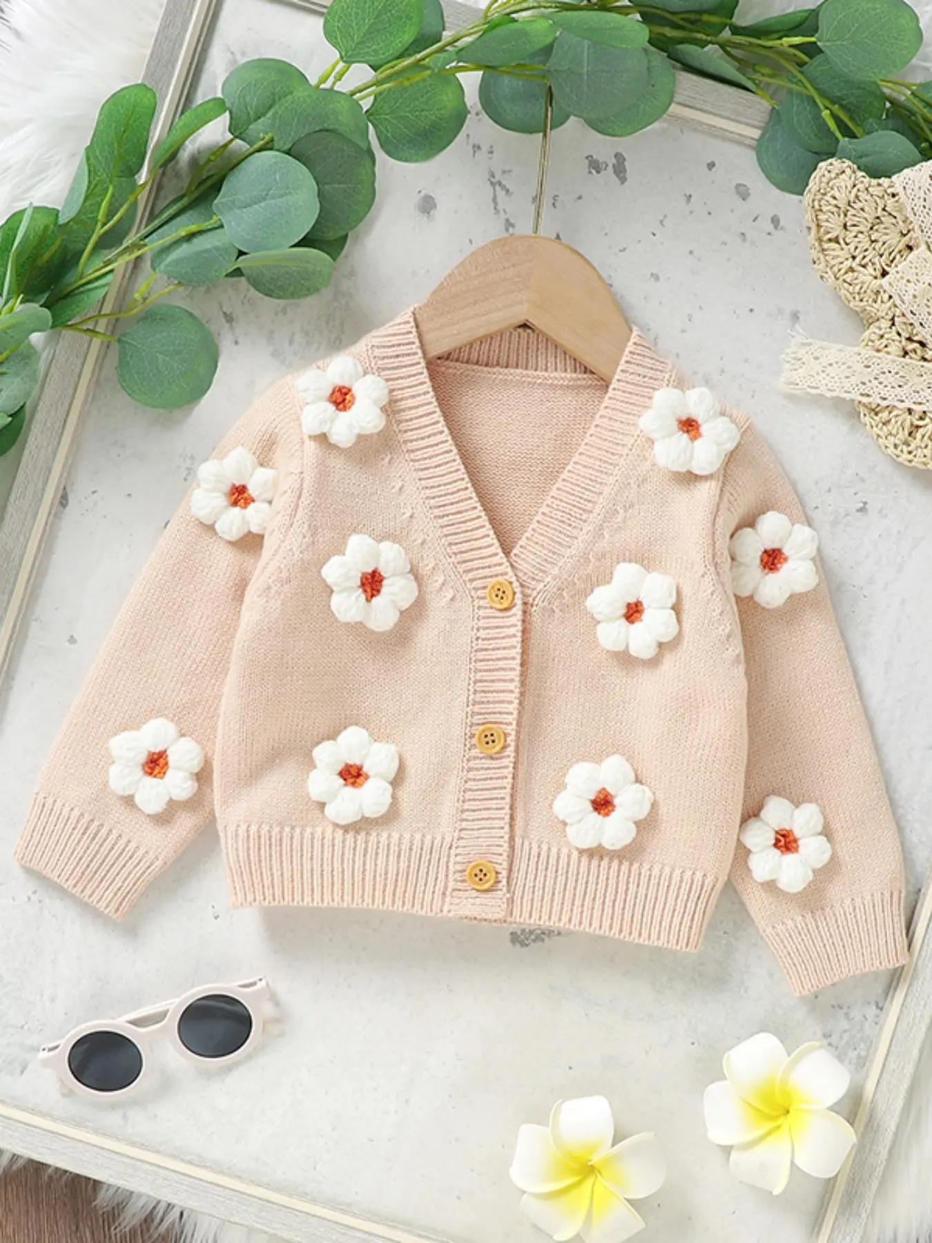 Baby Girl's Flower Decor Button Front Cardigan, Cute Long Sleeve V Neck Knitwear for Fall & Winter, Newborn Infant Kids Clothes