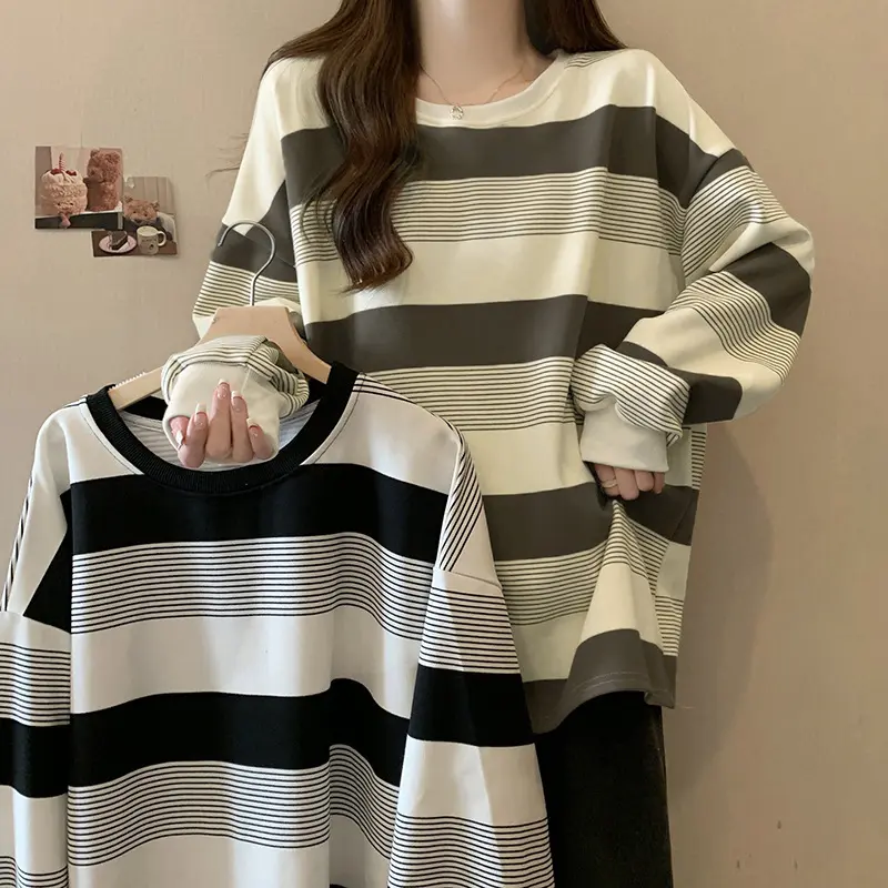 Fashion Vintage Striped Round Neck Long Sleeve Loose Casual T-shirt For Women