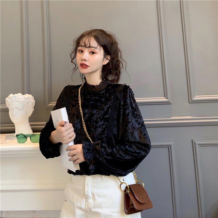Product Introduction of Áo Sơ Mi Nhung, Ngọt Ngào Và Thanh Lịch, Chắp Vá Selvedge Dây Cổ Đứng, Hàng Mới Về Mùa Thu Cho Nữ, Tay Phồng Trẻ Trung, Áo Dài Tay 19