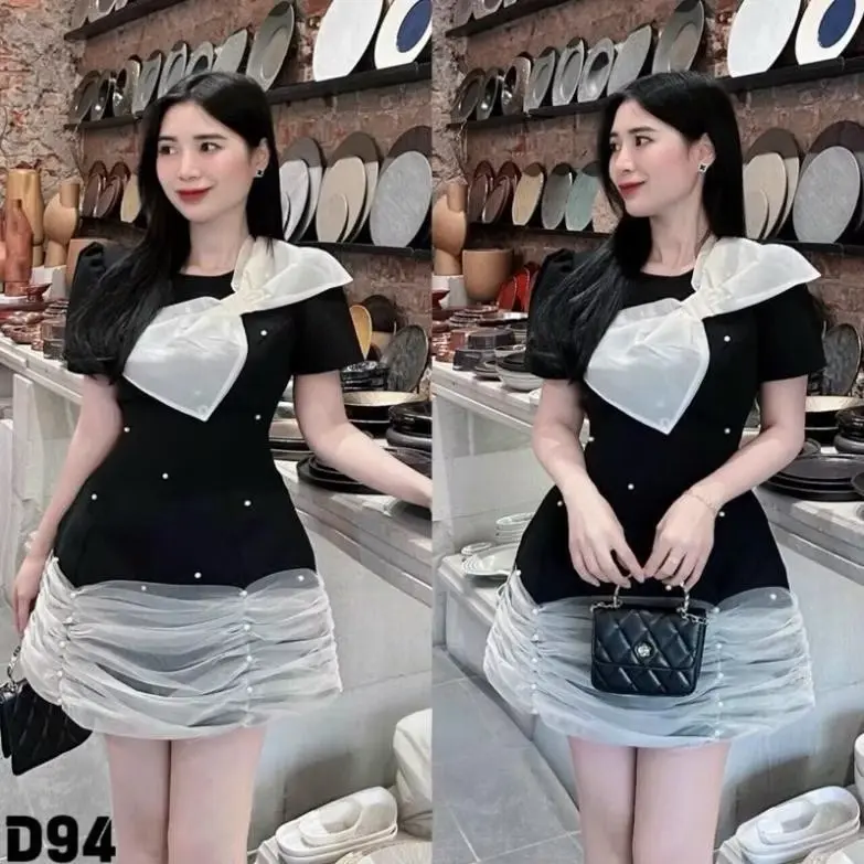 Bigsize 60-135kg đầm dự tiệc đính đá gắn nơ to vai trắng [V82]