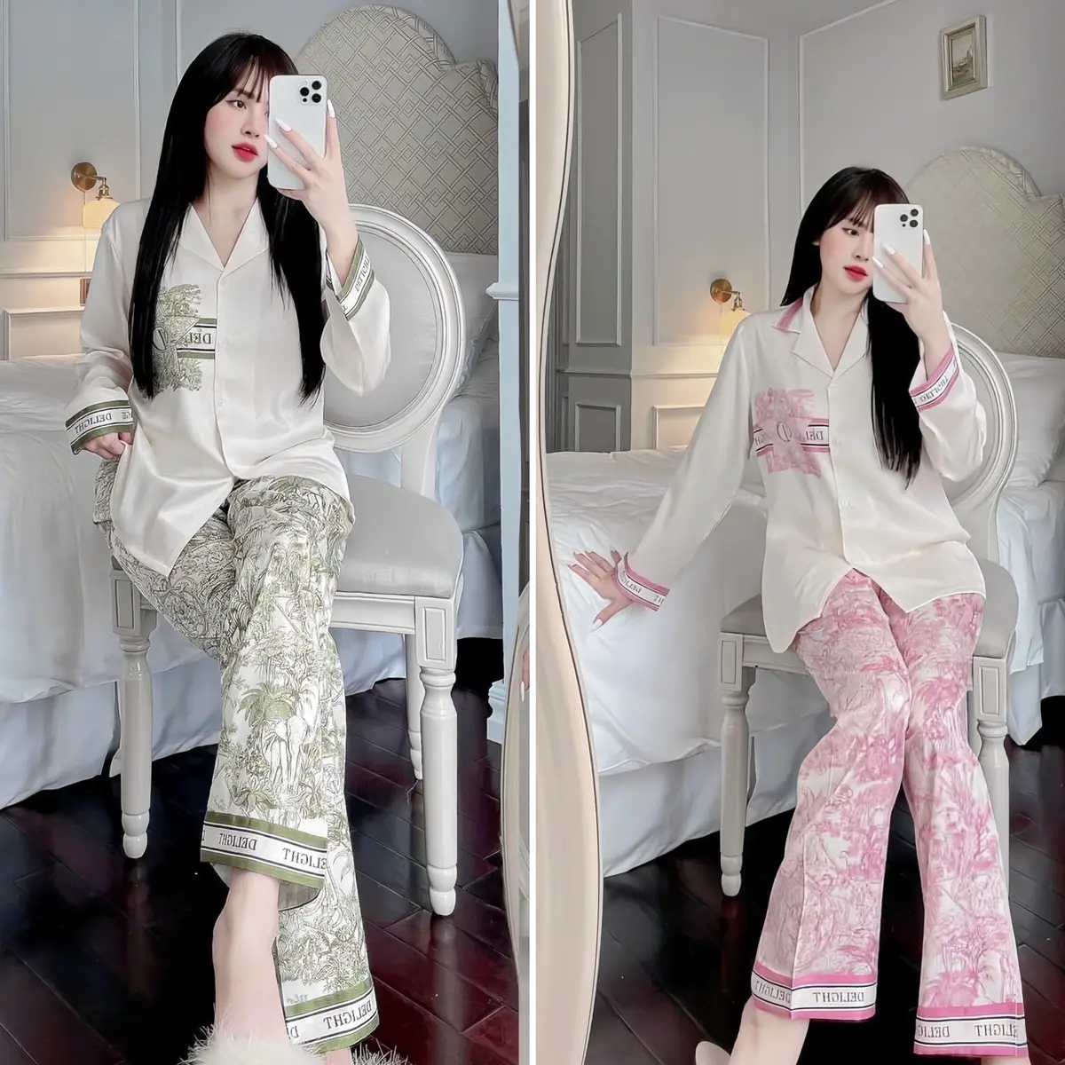 Bộ đồ ngủ nữ lụa xước ánh kim DeL tay dài- tay ngắn Women Tay Loe Quần Ngủ