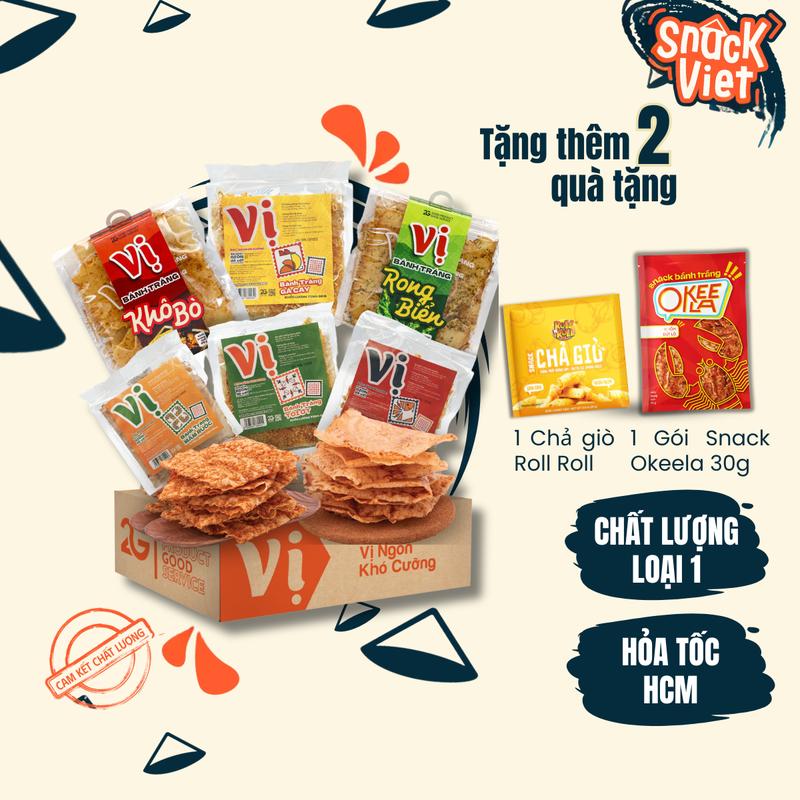 Combo 6 Túi Bánh Tráng Vị (Mắm Ruốc 65g + Sốt Tôm 65g + Tỏi Ớt 80g + Gà Cay 80g + Rong Biển 60g + Khô Bò 55g) + Tặng 1 Bánh Tráng Okeela Vị Ngẫu Nhiên & 1 gói chả giò Roll n Roll 25g