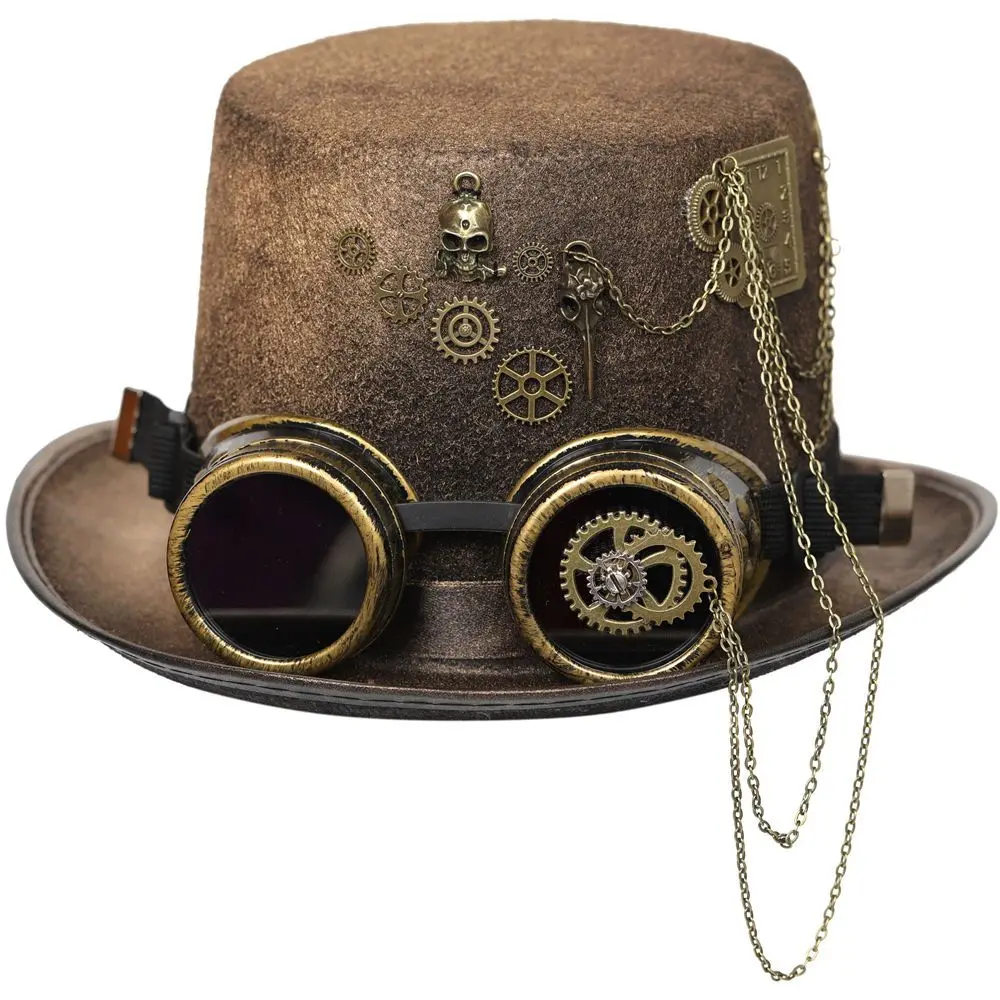 Mũ Steampunk, Mũ Mũ Lưỡi Trai Thời Trang, Mũ Lưỡi Trai Cổ Điển, Mũ Gothic Dây Chuyền Sơn Phun, Với Kính, Mũ Hàng Đầu, Hàng Mới Về Voi Hat