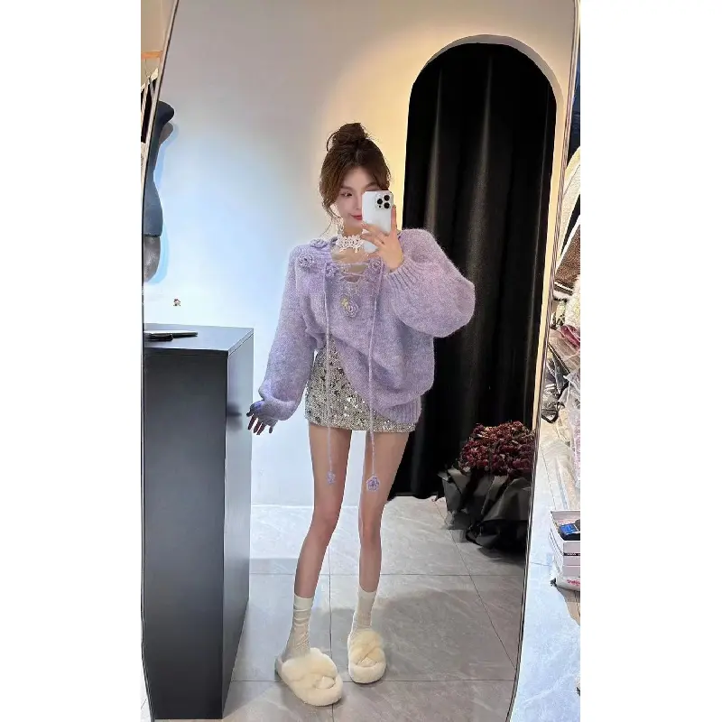 Áo Len Hoa Ba Chiều Hàng Mới Về, Dành Cho Nữ, Màu Tím, Với Váy Kim Sa Khí Quyển, Bộ Đồ Hai Mảnh, Cổ Chữ V