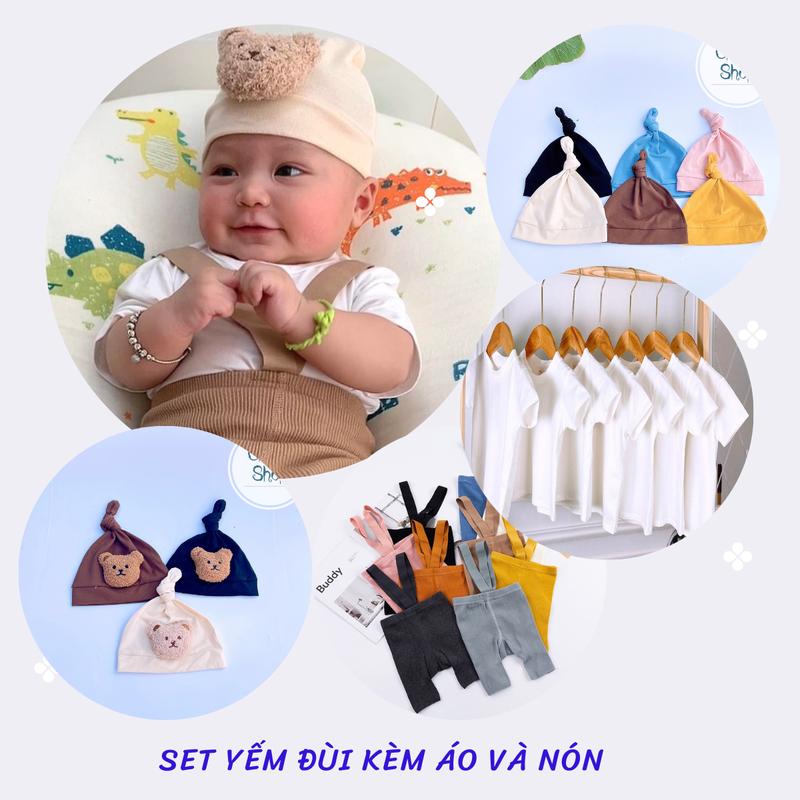 Combo quần tất yếm đùi kèm áo và nón cho bé trai, bé gái 3-12kg
