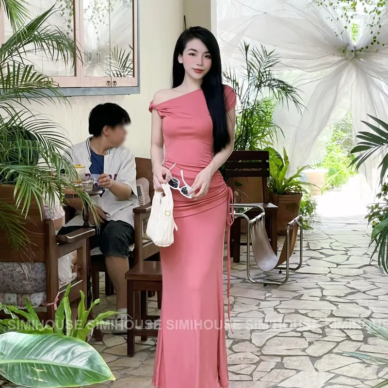 (SIMI HOUSE) VÁY BODY XOẮN VAI NHÚN CỘT EO / Đầm body  Thun đi tiệc xoắn vai nhíu eo  Women Dress 4