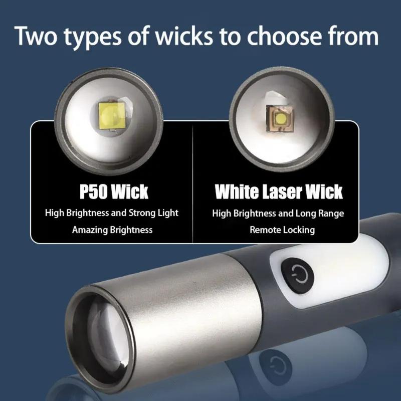 Product Introduction of Strong Light Zoom LED Flashlight P50/White Laser Lighting Torch USB Rechargeable Lantern Outdoor Portable Camping Lamp with Hook 0