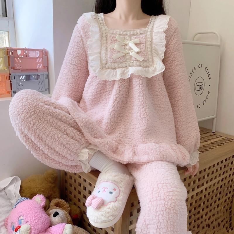 [QC]Bộ ngủ nữ lông  dài tay cổ vuông mềm mại ấm áp Women Áo Quần Ngủ Áo Ngủ Pijama Xưởng may Sm áo  choàng