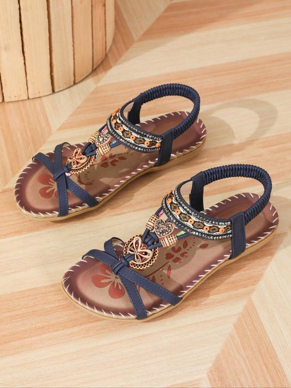 Women's Boho Style Comfortable Rhinestone Decorated Flat Sandals,  Unique Sandals, Vintage Hollow Out Heart Design Slide Sandals, Fashionable Sandals for Summer 1