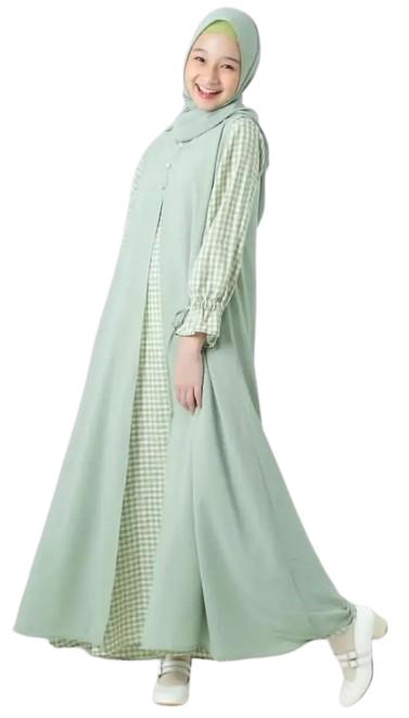 Nibarubusana Baju Gamis Anak Tanggung Perempuan Usia 10 12 13 14 15 16 Tahun Bahan Katun Kotak Mix Ceruty Babydol Plus Fasmina Model  2 layer Menyatu Basana Muslim Anak Lebaran 2024 Dress Remaja Panjang Pink