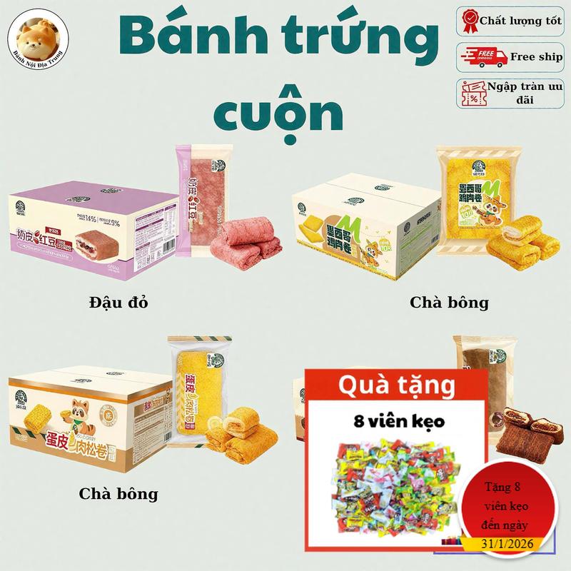 Bánh mì trứng cuộn hương vị chà bông sôcôla đậu đỏ . Combo 4 loại trứng cuộn thùng 2kg 20-24cai bên ngoài là lớp trứng cuộn mềm mịn siêu thơm ngon ,bánh ăn vặt mix đủ loại,bánh snack đủ loại,bánh ăn vặt 1 thùng tất cả loại