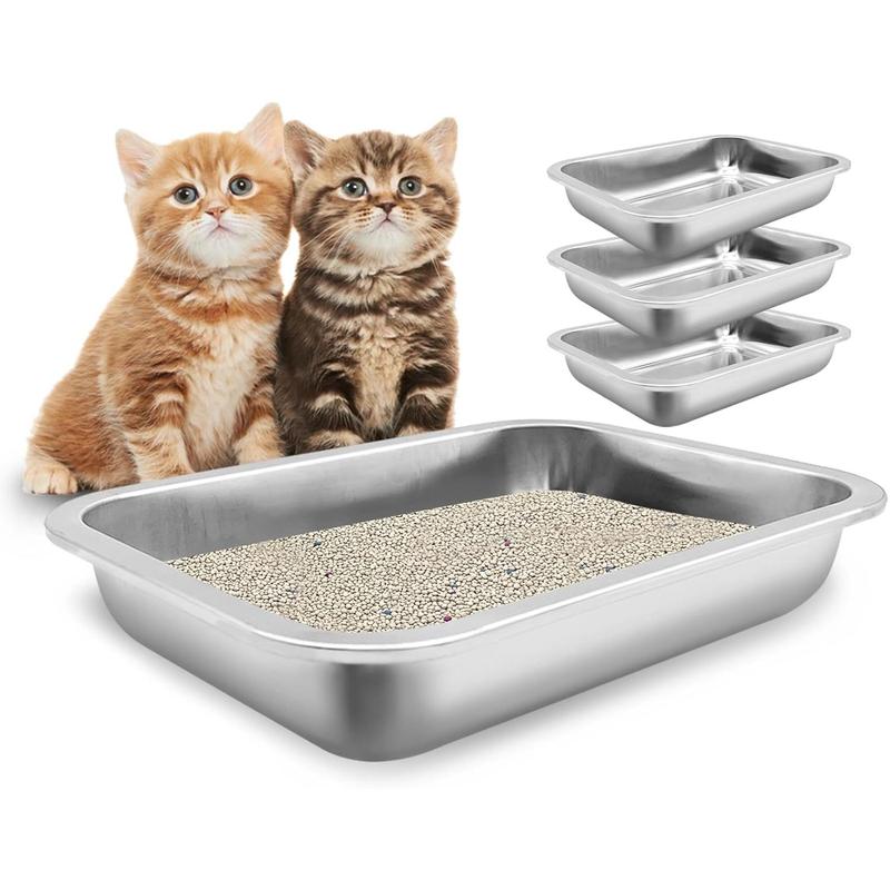 TikTok Shop 4Pack Stainless Steel Kitten Litter Box Small Size Low Entry Metal Open Litter Pan Potty Kitten Toilet Odor Control Easy to Clean for Kitten Bunny L 14.2 L10.6 W2 H