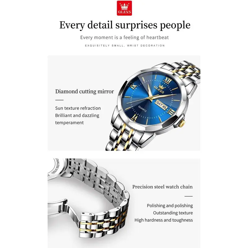 Brand OLEVS Watches for Couple Luxury Fashion His and Hers Stainless Steel Calendar Date 3ATM Waterproof Luminous Wrist Watch for Men Women Lovers Wedding Dating Romantic Gift Set of 2 4