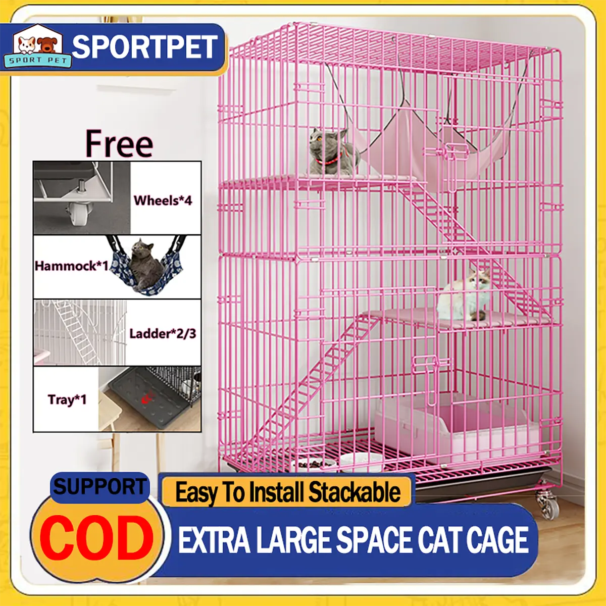 Stackable Cat Cages SPORT PET 4 Layer Cat Cage, Pink Stackable Large Space Cat Villa House ...