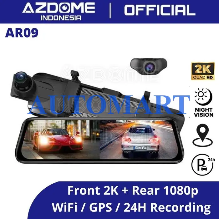 Azdome DVR Spion AR09 2K Dual Camera Mirror Dashcam Kamera Mobil Dash Cam Spion