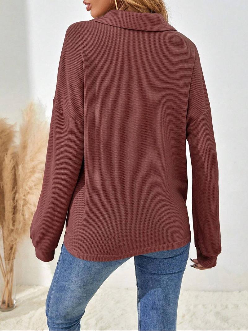 Product Introduction of Women's Plain Half Button Drop Shoulder Tee, Casual Long Sleeve Collared Top for Spring & Fall, Women's Clothing for Daily Wear 8