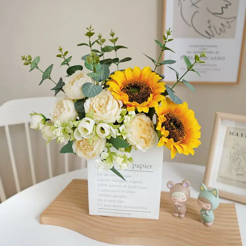 Sunflower Artificial Flower Artificial Bouquet Home Decoration Living Room Room Desktop Paper Bag Decoration Photo Props Decorative Fruit Plant Ornaments