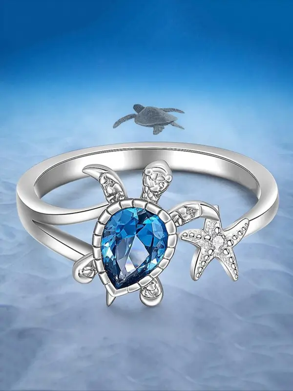 Sea Turtle & Starfish Design Rhinestone Decor Ring, Fashion Accessories for Women for Party, Daily Clothing Decor, Trendy All-match & Exquisite Jewelry for Birthday Gift 3