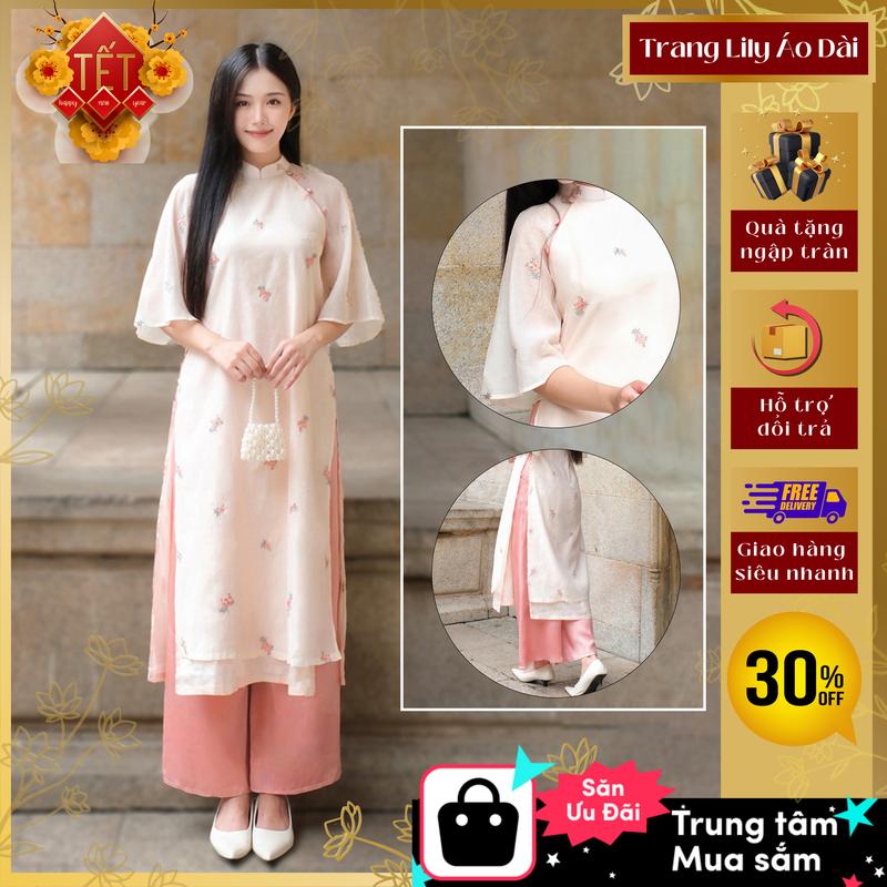 Áo dài cách tân Như Ý, bốn tà, đính cúc, tay áo cánh tiên loe, mặc du xuân Tết 2025   có Màu Hồng và Màu Be - Thời trang Nữ Women Dress