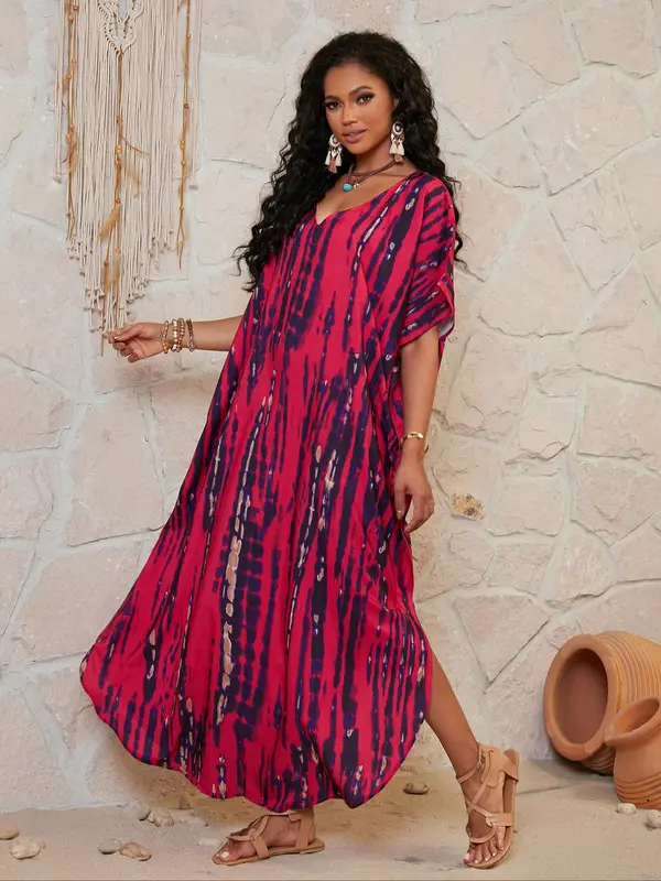 Plus Size Tie Dye Print Butterfly Sleeve Split V Neck Dress, Boho Casual Half Sleeve Dress for Daily Holiday Vacation Wear, Women's Plus Clothing for Summer 5
