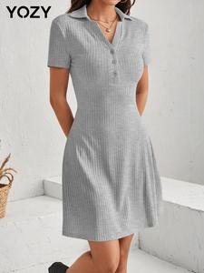 YOZY Women's Plain Button Front Ribbed Dress, Casual Short Sleeve V Neck Collared A Line Dress for Daily Wear, Ladies Clothes for All Seasons, Summer Dresses 2025