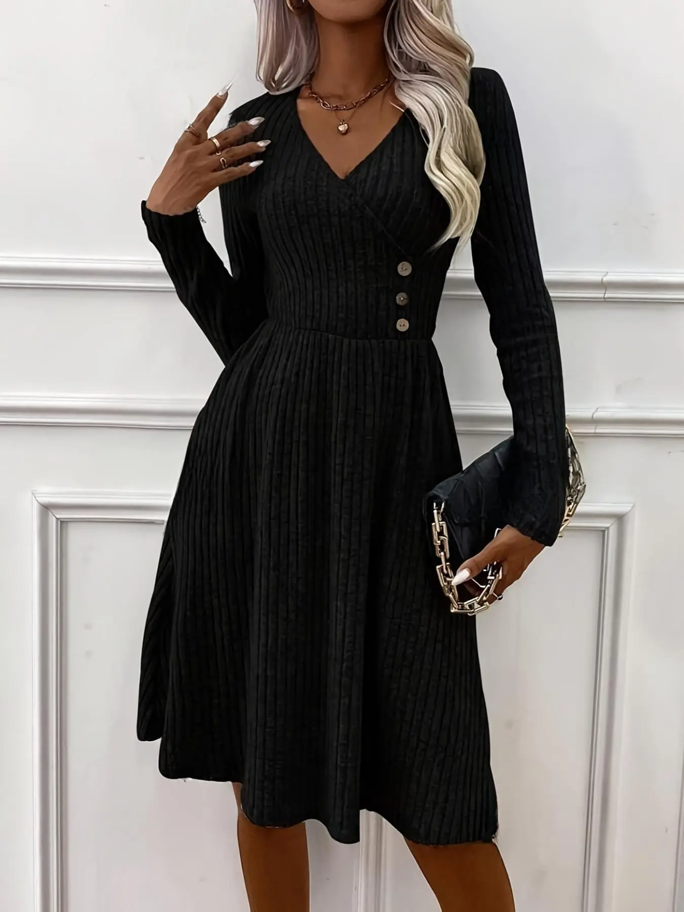 Women's Plain Button V Neck A Line Dress, Casual Long Sleeve Knee Length Dress for Spring & Fall, Women's Clothing for Daily Wear