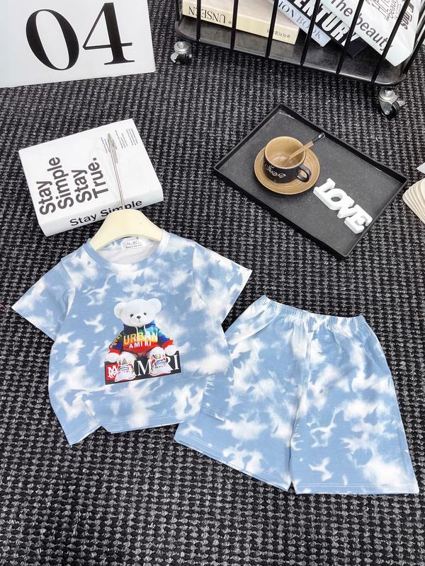 Bộ cộc tay mùa hè vải cotton loang in hình gấu cầu vồng 2 màu cho bé 6-18kg 3