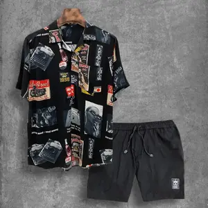 ONE SET SETELAN Baju Kemeja Motif Vintage Lengan Pendek Bahan Rayon Celana Pendek Premium Boardshot Hitam Polos Keren Pria Santai Katun Panjang